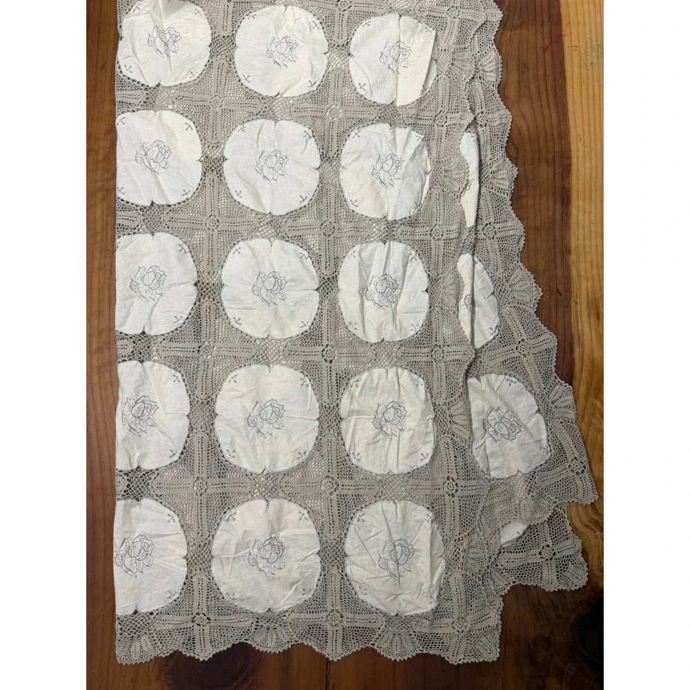 Vintage Antique Tablecloth Cotton Madeira With filet & Crochet lace LINEN E3-5
